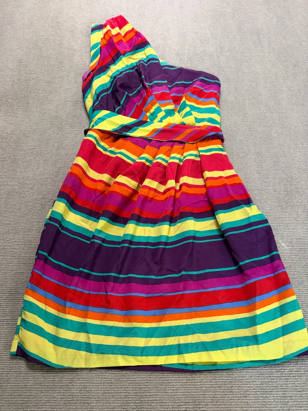 Frederick’s of Hollywood One Shoulder Rainbow Stripe Belted Dress 9 Y2K Party